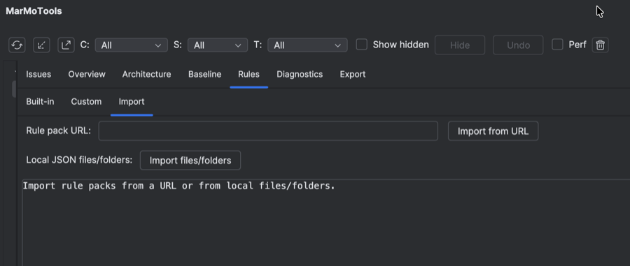 Import tab with a URL field and a local files button for loading external rule packs