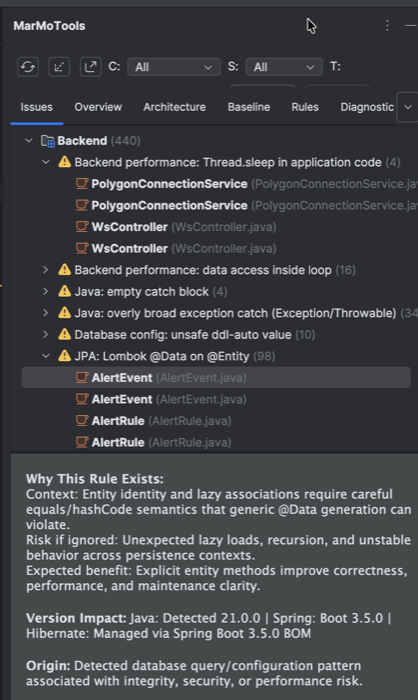 Issues tab: findings tree with category grouping and a detail panel explaining the rule, version impact, and suggested fix