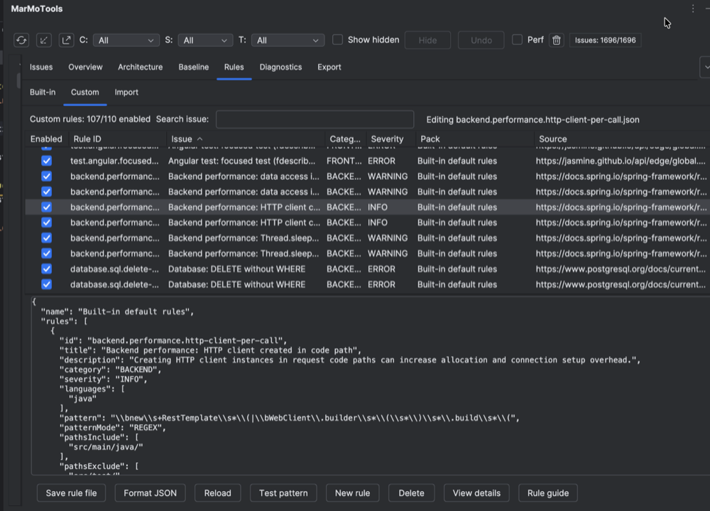 Rules tab showing built-in rule list with checkboxes and an inline JSON editor for the selected rule